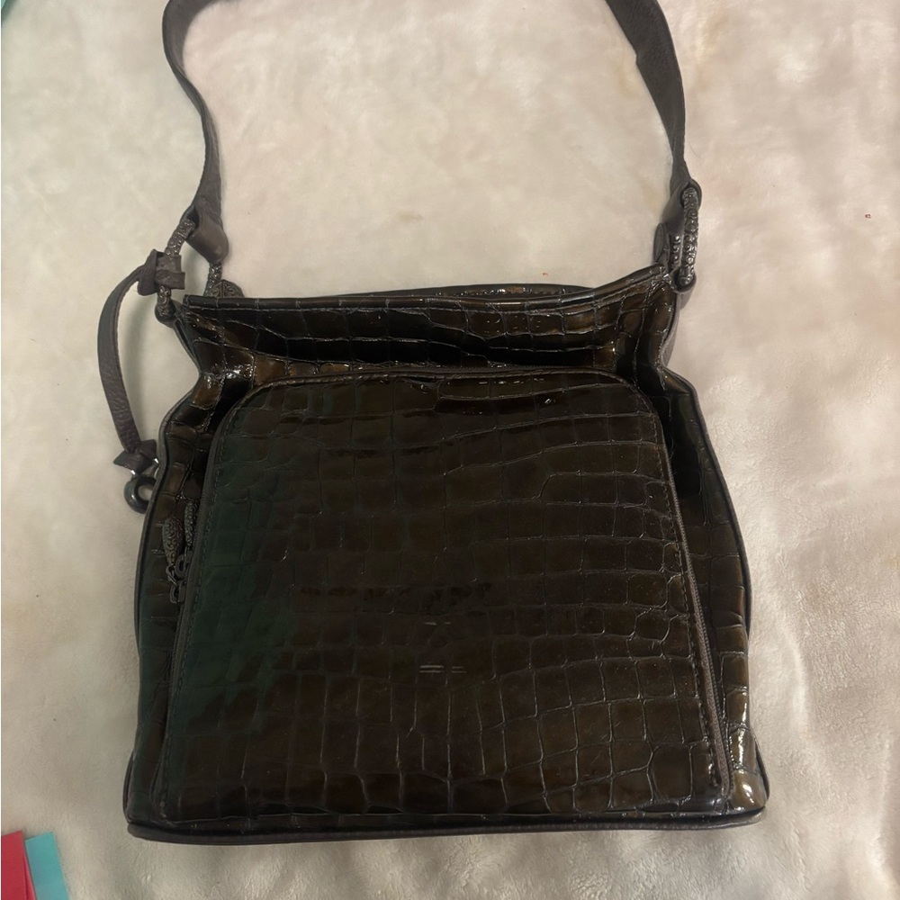 Brighton Crocodile-Embossed Shoulder Bag - Dark Brown
